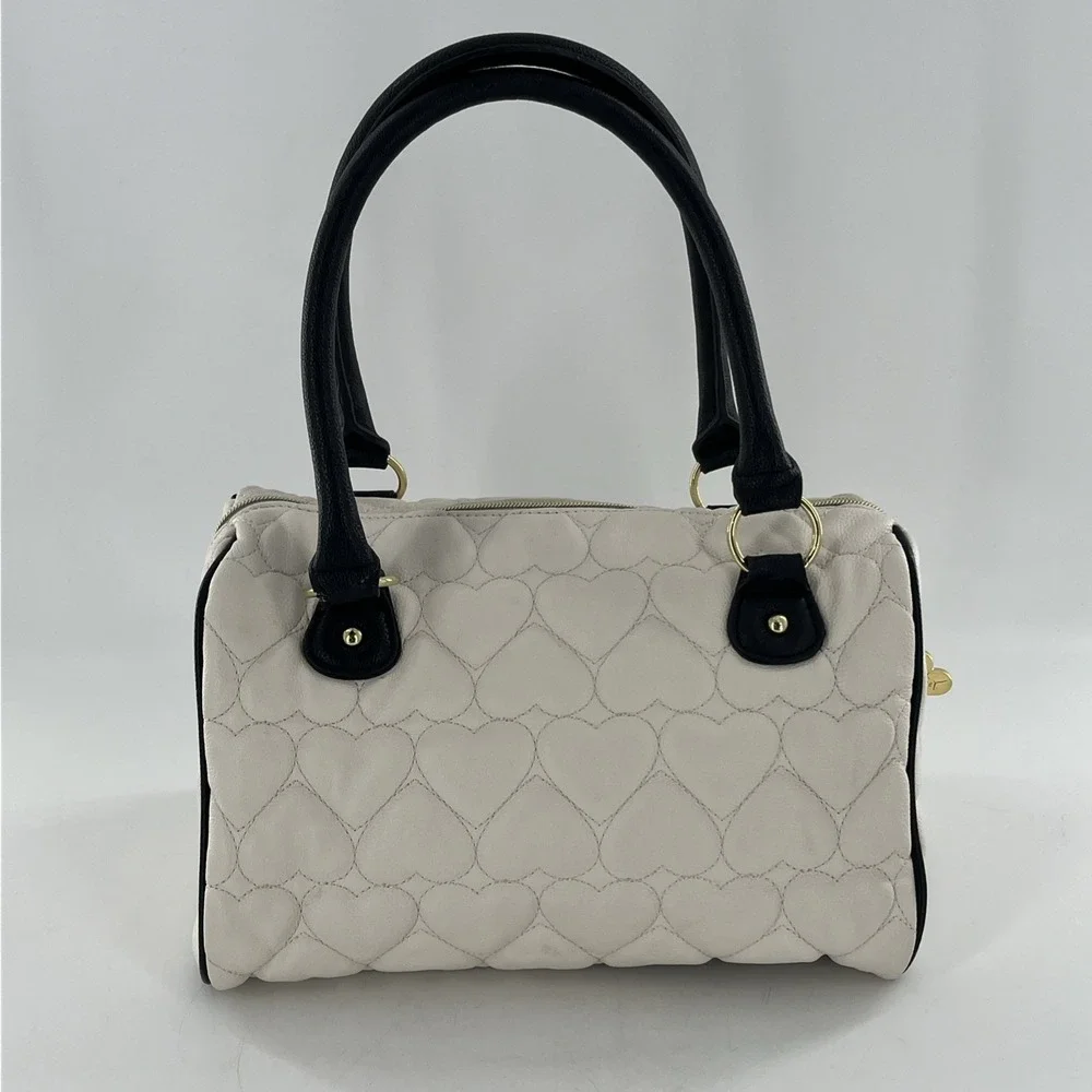 Betsey Johnson Quilted Heart Barrel Satchel Bag Ivory Black Purse Gold Floral